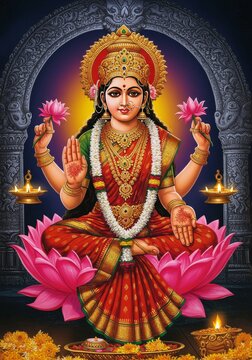 Illustration Hindu Goddess Laxmi with Lotus Flowers on Arch Background