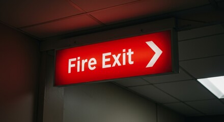Illuminated Fire Exit Sign Directional Arrow In Building Interior