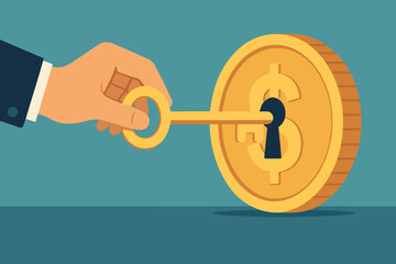 Unlocking financial success. Key to wealth. Hand inserts golden key into dollar coin keyhole. Business investment. Opportunity. Financial freedom. Growth strategy. Access to money. Profit. Vector.