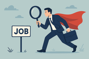 Superhero businessman job seeker with magnifying glass on talent hunt for career. Professional recruitment, employment opportunity, ambition, HR concept. Flat vector illustration.
