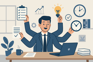 Efficient office productivity: Multitasking businessman juggling tasks, time management, ideas, and projects. Versatile professional with many hands achieving goals. Workplace efficiency.