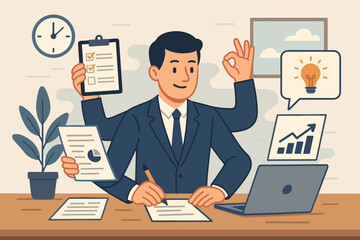 Multitasking businessman character for office productivity. Professional with multiple arms. Time management, task organization, efficiency, new ideas, business growth. Workload solution. Vector.