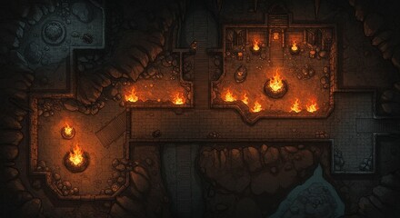 Illustration Dark Stone Dungeon Battlemap With Torches Fire