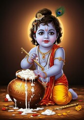 Illustration of Baby Krishna Eating Butter Divine Art Detailed