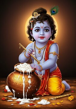 Illustration of Baby Krishna Eating Butter Divine Art Detailed