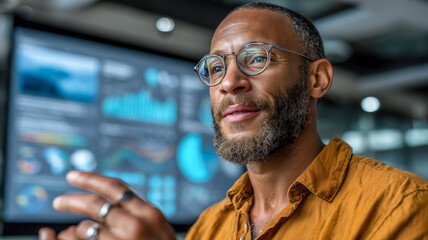 A confident professional presents data insights from a display with charts, graphs, and data visualizations in a modern setting.