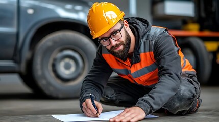 Fototapeta premium Construction Worker Drawing Plans On Site