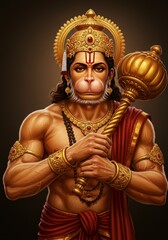 Illustration Of Hanuman Deity Holding Mace Gold Crown Religious Art