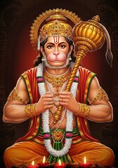 Illustration of Hanuman Hindu God Golden Crown Mace Traditional Art