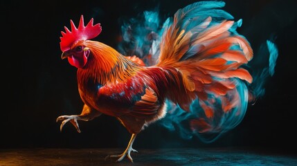 Fototapeta premium A rooster with a red head and orange body is standing on a black background