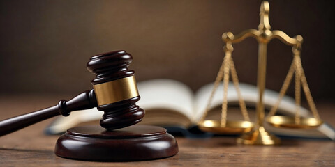 judge gavel, law books and scales of justice on desk in lawyer office. legal justice concept.