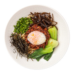 Portion of mazesoba dish with dry noodles