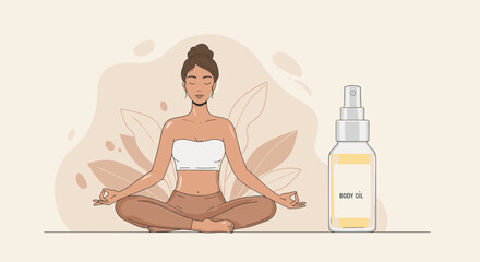 Young woman meditating relaxing, body oil nearby, calm mood, for wellness and skin care advertising