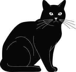 Obraz premium A black cat sitting upright with a sleek silhouette and piercing white eyes on a white background