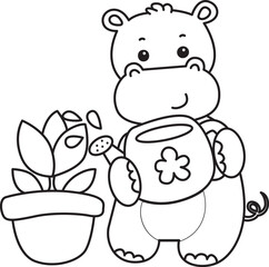 Outline of Cute hippo icon. Coloring page of Funny baby hippo animal series stock illustration. life of fluffy hippo designs.
