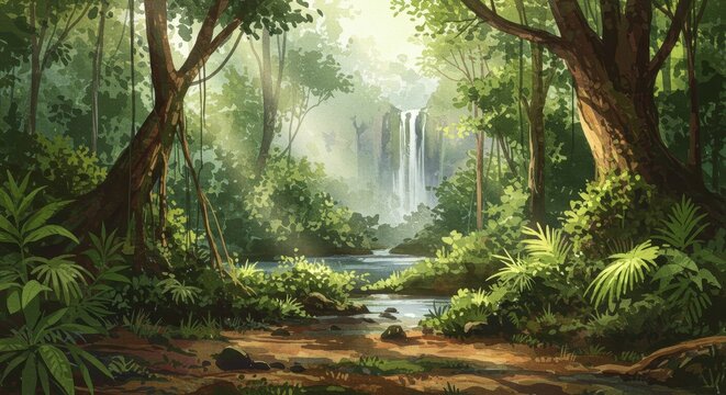 Illustration of Lush Green Forest Landscape Waterfall Pixel Art