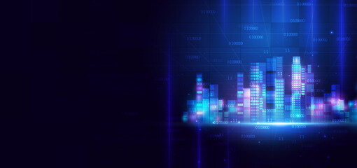 Futuristic smart city night skyscrapers on dark blue background. Technology connection data communication city concept.