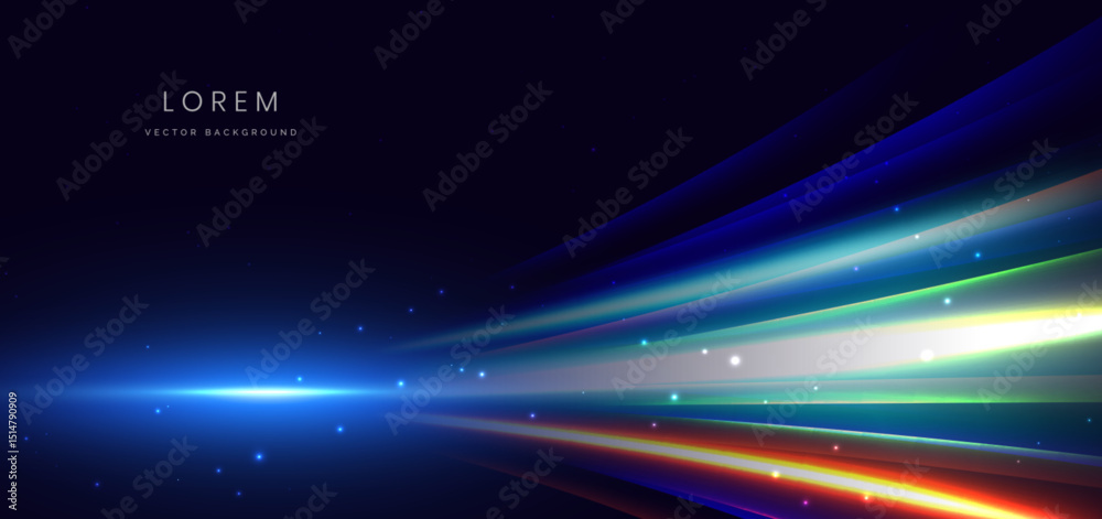 Wall mural abstract scene glowing colorful curved ray lines curved on dark background.