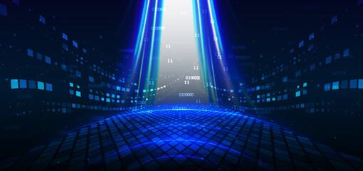 Technology futuristic glowing lines neon blue light ray on dark blue background with square pattern digital element.