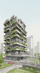 Fototapeta premium Illustration of Modern City Building Exterior Architecture Design