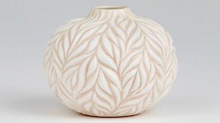 Obraz premium Elegant Cream Ceramic Vase with Intricate Leaf Design