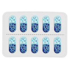 Blister with pills for illness and pain treatment. Medical drug package for tablet. Cartoon packaging