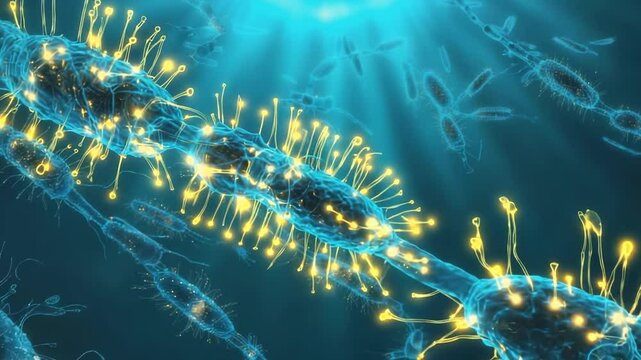 Discover a stunning 3D animation showcasing algae's remarkable ability to convert sunlight into protein, illustrated in macro detail with light effects.