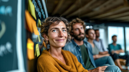 Obraz premium Focused woman in team meeting. Attentive listening, collaboration, and knowledge sharing in a modern workspace.