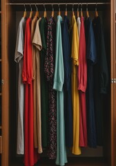 Indoor Photo Wooden Wardrobe with Colorful Dresses Hanging Neatly