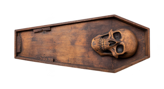 Small coffin with a skull, isolated on a white background, png, transparent