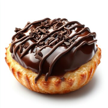 Delicious individual chocolate donut topped with rich chocolate glaze and chocolate shavings, fresh pastry dessert on a clean white background