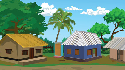 Cartoon Indian Village Background Vector with Thatched and Tin Roof Houses, Coconut Tree, Toilet Structure, and Lush Green Trees – Ideal for Animation, Education, and Storytelling Projects

