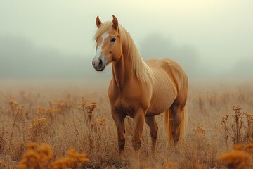 Obraz premium A brown horse stands in a field of tall grass