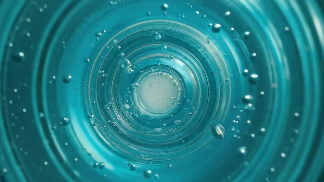 Explore a stunning macro close-up of a swirling protein fluid in a bioreactor, showcasing bubbles and dynamic movement in a vivid blue environment.