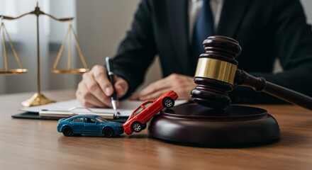 Realistic Image Car Accident Legal Court with Judge Hammer on Desk