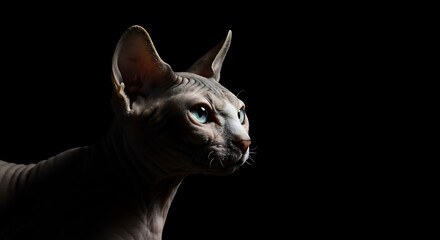 Majestic Sphynx Cat Portrait Striking Blue Eyes Against Black Background