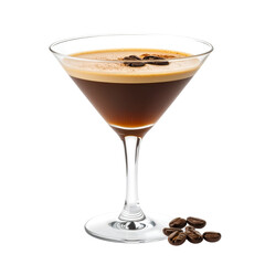 Espresso Martini: A close-up shot of a sophisticated espresso martini, a creamy concoction, topped with coffee beans, served in a classic martini glass, evokes feelings of refreshment and indulgence.