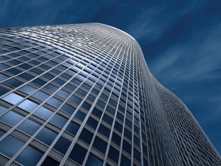 Modern skyscraper, curving facade, against a vibrant blue sky