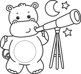 Outline of Cute hippo icon. Coloring page of Funny baby hippo animal series stock illustration. life of fluffy hippo designs.