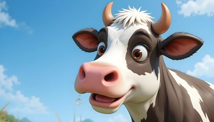 A cheerful cartoon cow with a surprised expression stands against a bright blue sky, with a drop of water.