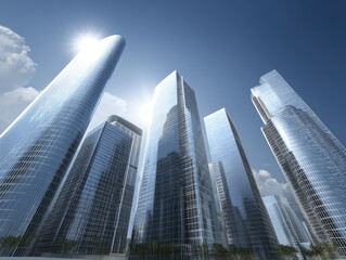 Obraz na płótnie Canvas Low-angle view of modern skyscrapers under a clear sky. Glass-fronted, tall buildings rise towards a bright sun. Cloud-filled sky