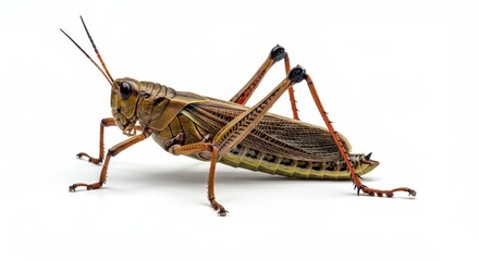 Macro Image of Brown Grasshopper Insect Isolated on White Background