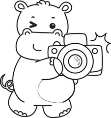 Outline of Cute hippo icon. Coloring page of Funny baby hippo animal series stock illustration. life of fluffy hippo designs.