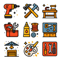 nine workshop icons. include power tools, craftsmanship tools, woodworking equipment, diy projects, handicraft supplies, workshop environment, industrial space, creative activities, tools workshop
