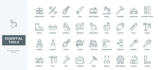 Symbols of safety boots and glasses, toolbox of worker, hardware and hand instruments thin black and red outline vector illustration. Construction tools and gears, repair service line icons set