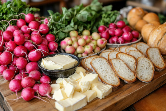 Bread and radishes placed on wooden cutting board.