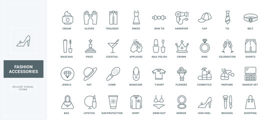 Manicure and sun protection, mirror and hairdryer thin black outline symbols vector illustration. Fashion accessory, clothing and makeup, luxury cosmetics for skin and hair care line icons set.