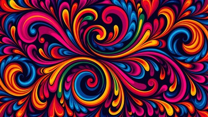 A vibrant, colorful, and dynamic abstract design with flowing, swirling, and ornate patterns. It features a spectrum of bright hues, creating a visually captivating artwork.