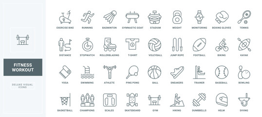 Tennis and skateboard, scales to control weight and power workout thin black outline symbols vector illustration. Healthy exercises in gym or stadium, team sport games line icons set.