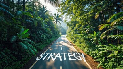 Strategy images, Road on forest, Strategic Road Through Jungle – Conceptual Aerial View of Strategy Pathway Surrounded by Tropical Forest